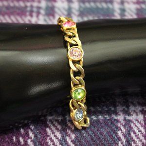 Vintage Gold-tone Curb Chain Rhinestone Bracelet